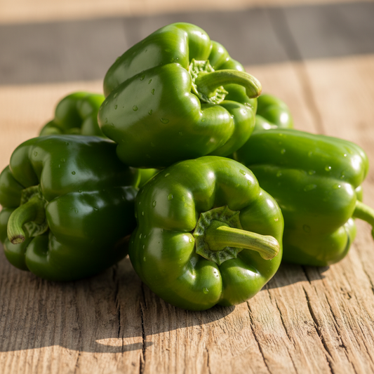 Large glossy bright green capsicum shimla mirch bell peppers on rustic wooden surface