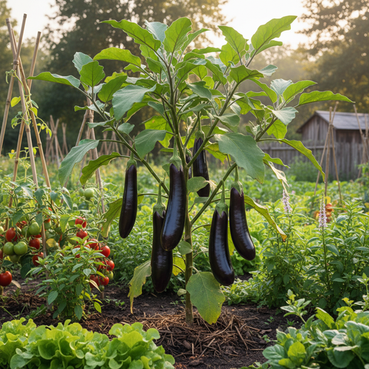 Long Brinjal Baingan plant growing in garden with purple fruits