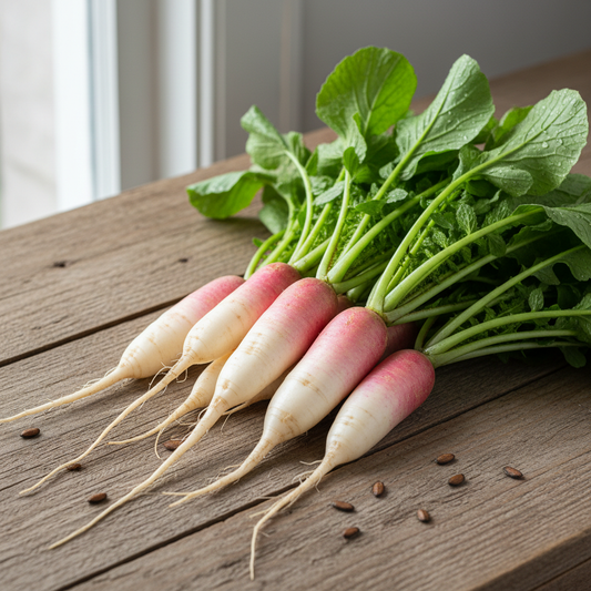 Fresh desi radish mooli with green leafy tops and seeds on rustic wooden surface