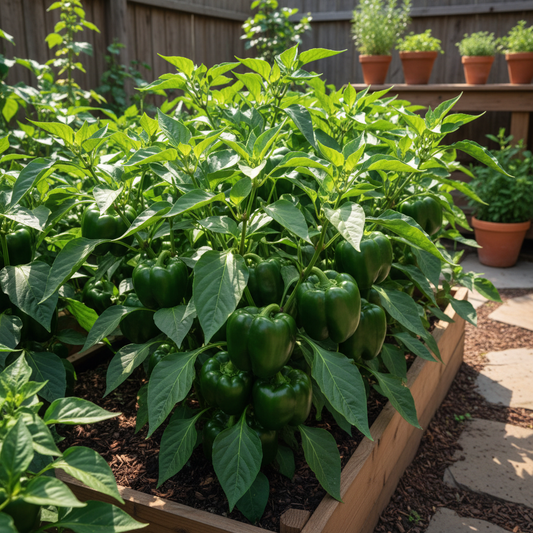 Lush green capsicum plants loaded with large glossy green bell pepper fruits in a kitchen garden