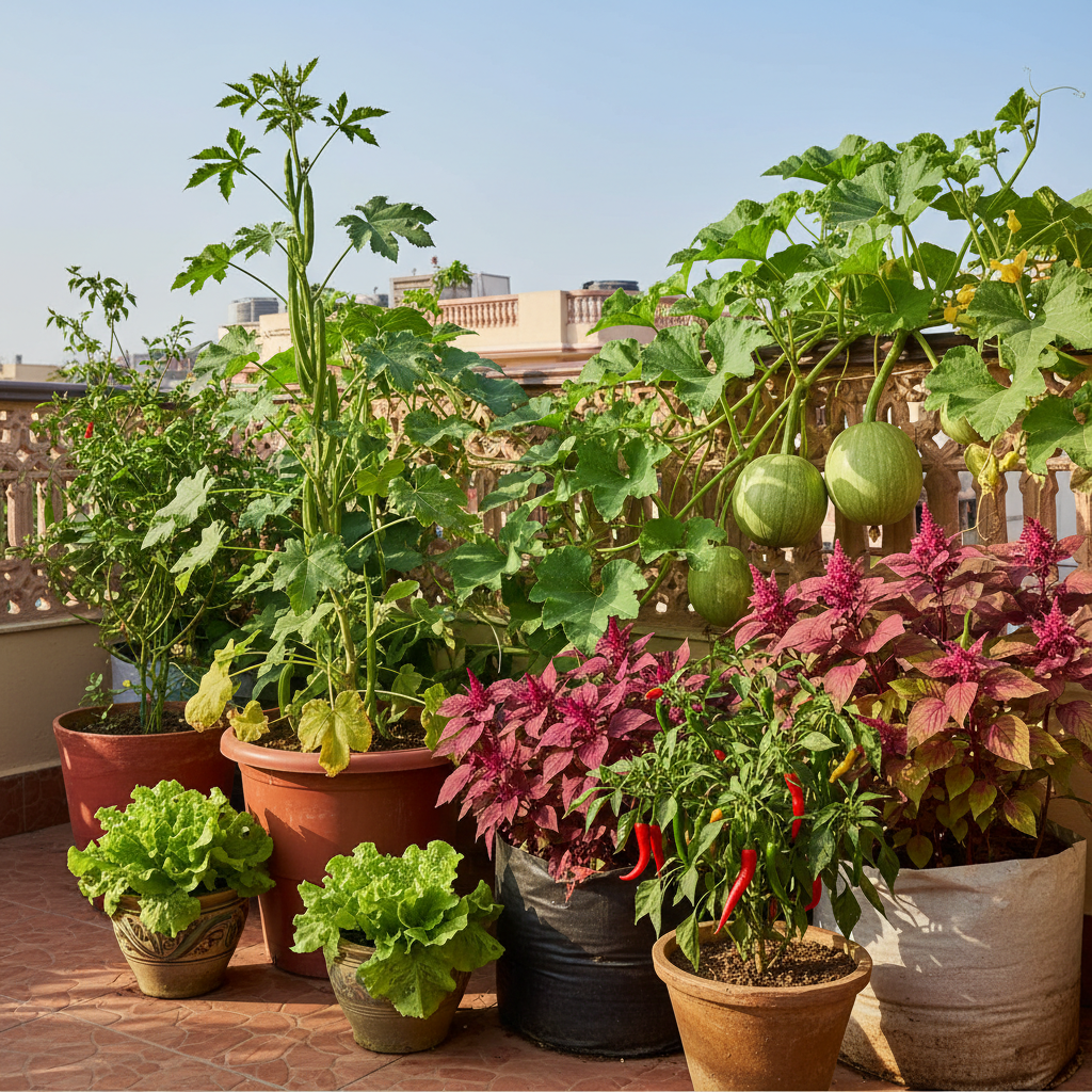 Lush Indian kitchen garden terrace with bhindi, pumpkin, chaulai, lettuce and pepper plants growing in pots