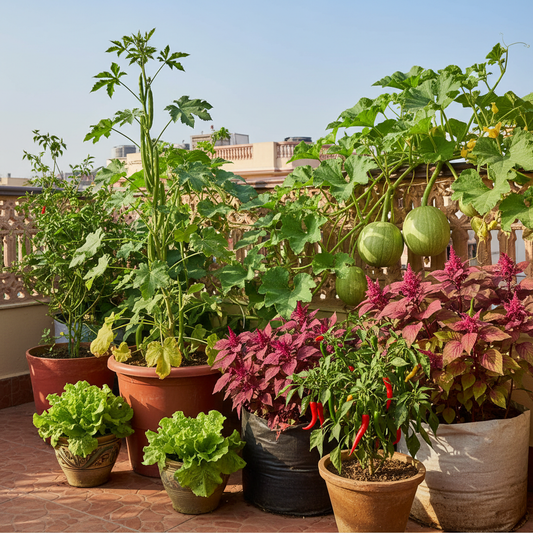 Lush Indian kitchen garden terrace with bhindi, pumpkin, chaulai, lettuce and pepper plants growing in pots