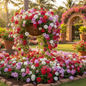 Verbena Mixed Color Trailing Plant Cascading from Hanging Basket in Garden