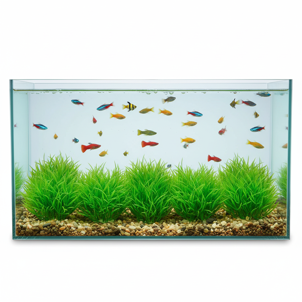 6 piece small green grass artificial aquarium plants in fish tank creating underwater meadow