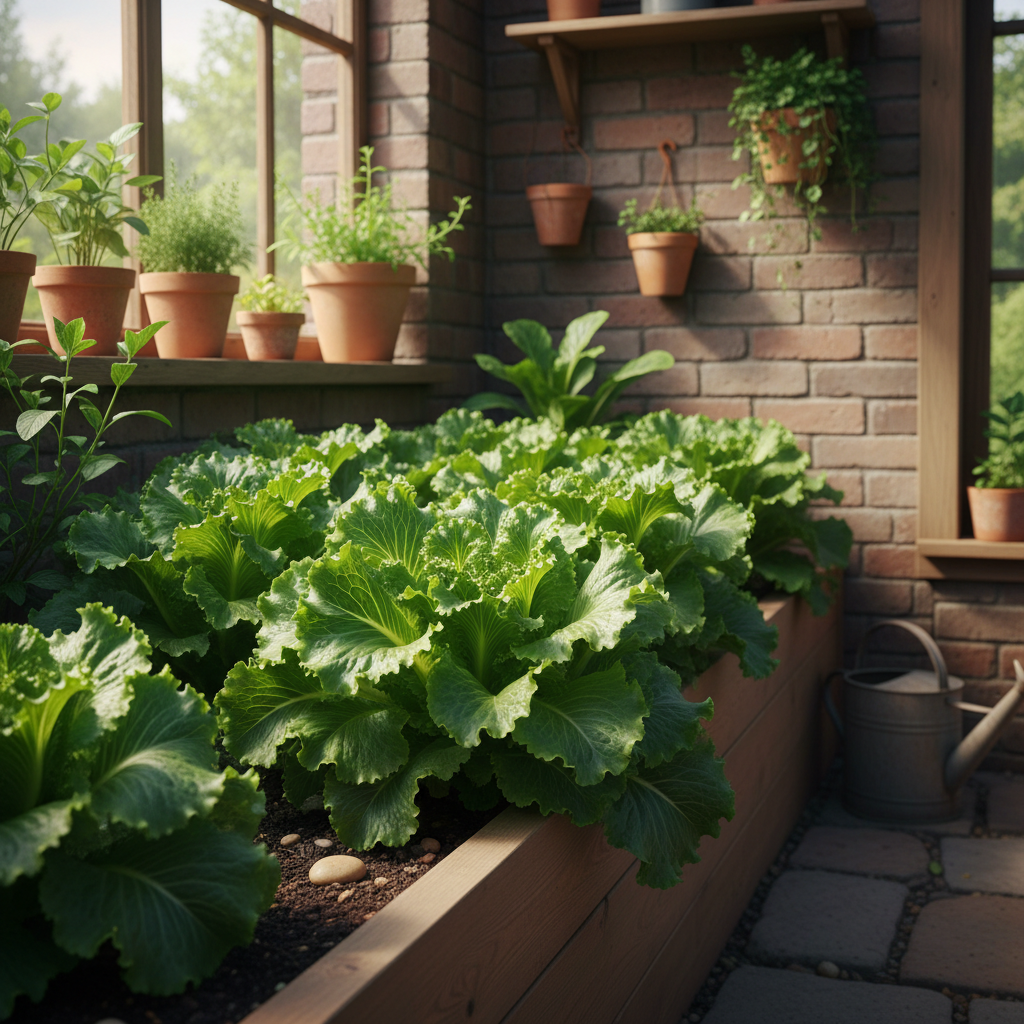 Lush loose-leaf green Grand Rapids lettuce plants with frilly ruffled leaves growing in a raised bed in natural sunlight