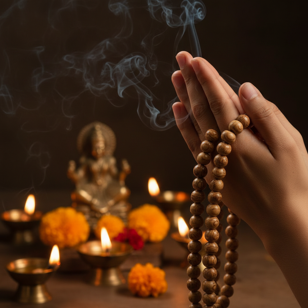 Tulsi japa mala draped over hands in prayer position with candlelight and incense