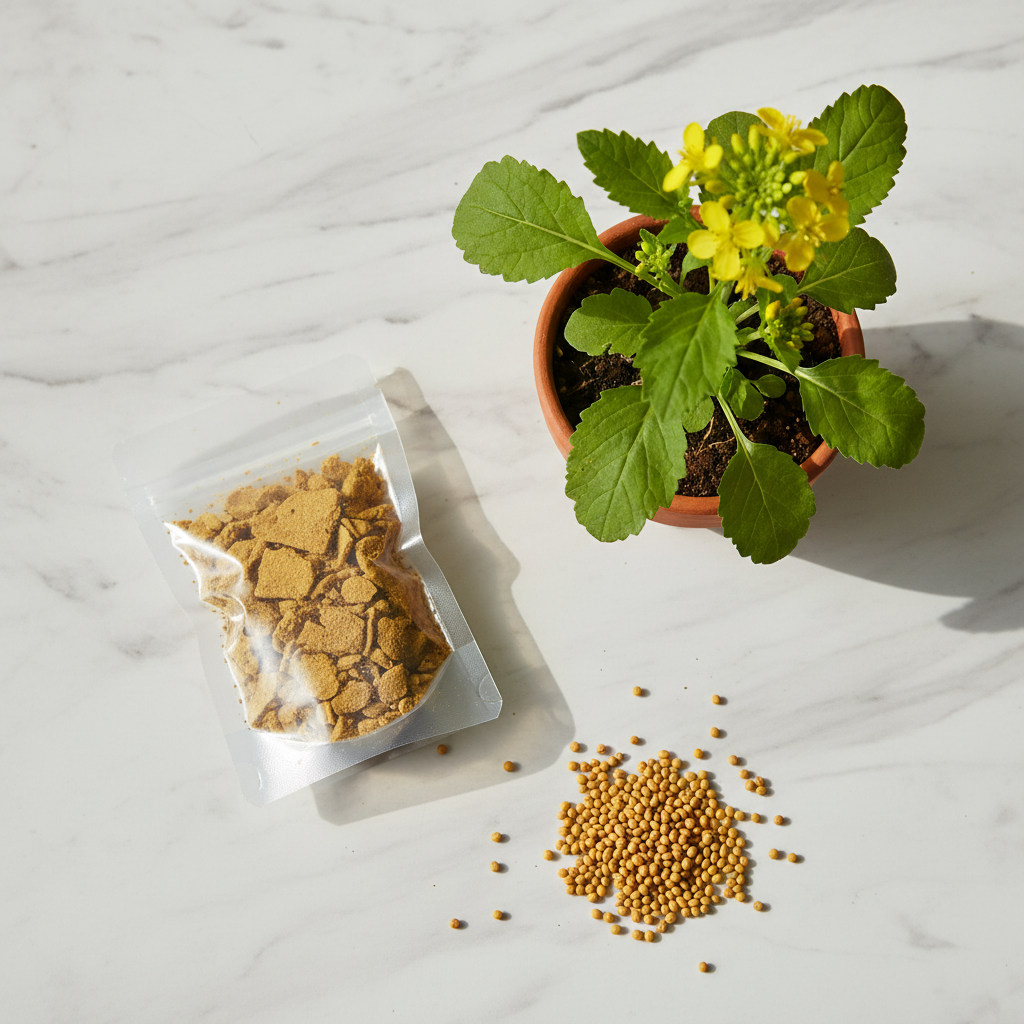 Mustard cake fertilizer pouch with flowering potted plant lifestyle shot