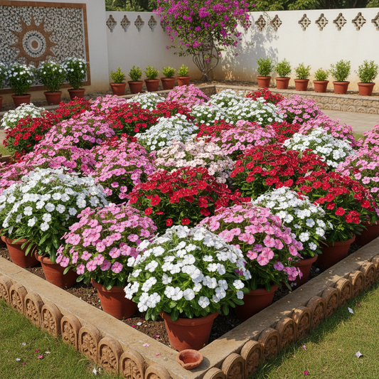 Sadabahar Vinca Rosea Catharanthus plants in pots and garden beds covered in mixed color blooms in a sunny Indian garden