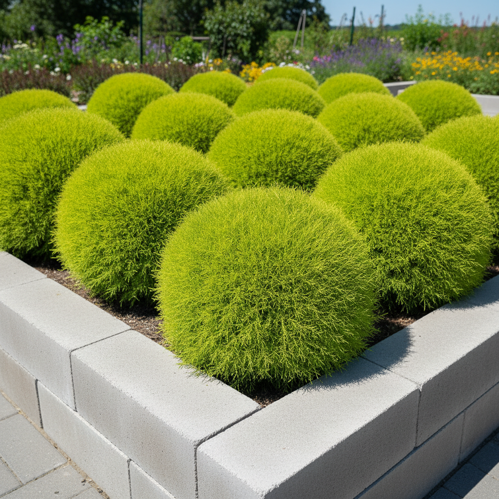 Kochia Burning Bush plants with lush lime-green dome-shaped foliage in a sunny summer garden