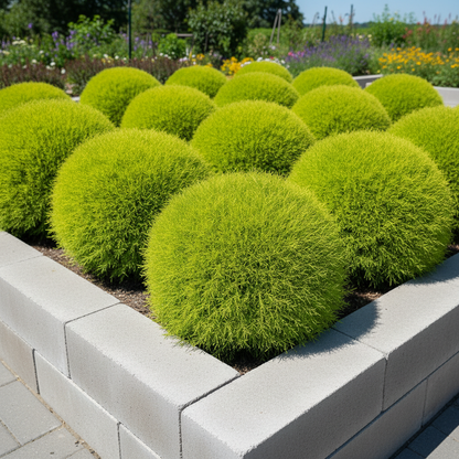 Kochia Burning Bush plants with lush lime-green dome-shaped foliage in a sunny summer garden