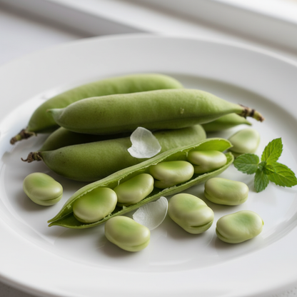 Fresh fava broad bean pods and seeds on a clean white surface
