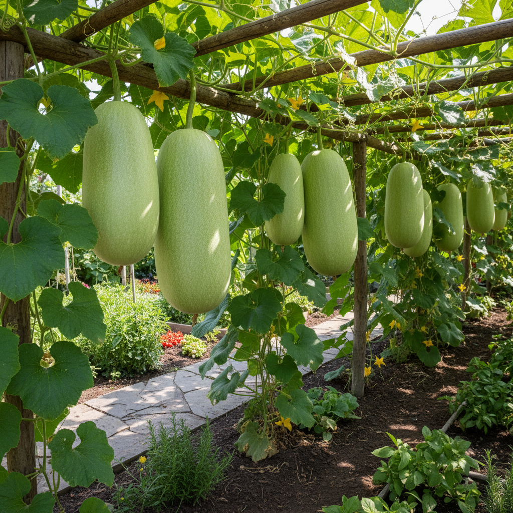 Large pale green ash gourd petha fruits hanging on trellis vine with broad green leaves in a kitchen garden