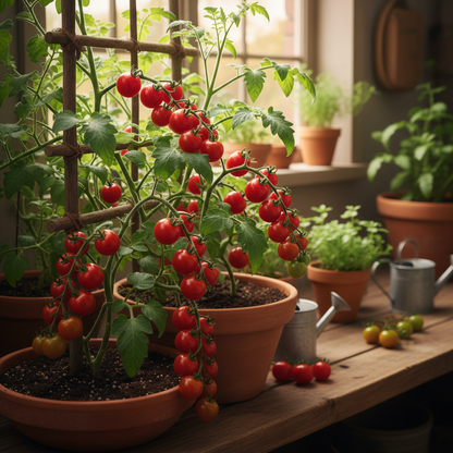 Lush green cherry tomato plants loaded with clusters of small bright red fruits hanging from branches in a garden