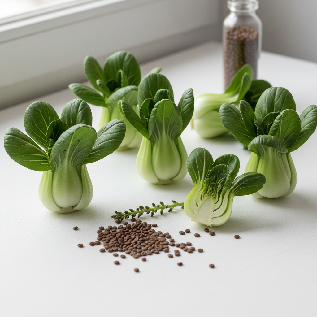 Fresh pak choy bok choy heads and seeds arranged on a clean white surface