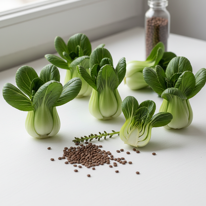 Fresh pak choy bok choy heads and seeds arranged on a clean white surface
