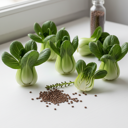 Fresh pak choy bok choy heads and seeds arranged on a clean white surface