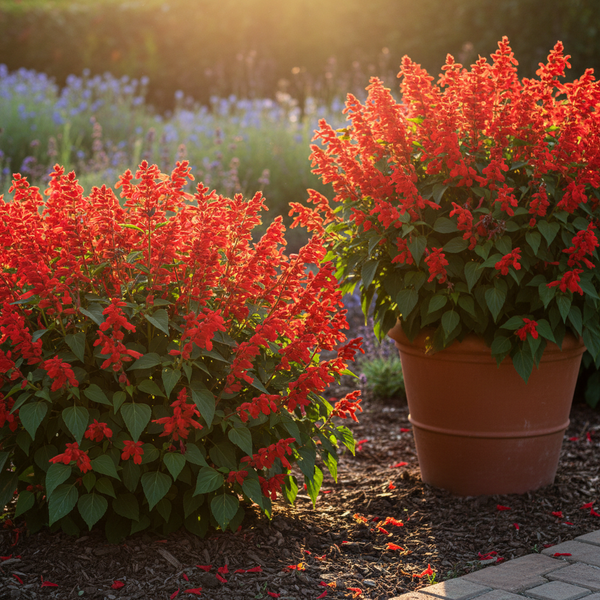 Salvia Bon Fire Red Plant with Tall Scarlet Red Bloom Spikes in Garden