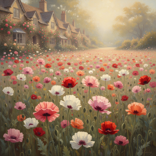 Poppy Shirley Mixed Color Hybrid Flowers in Dreamy Cottage Garden Setting