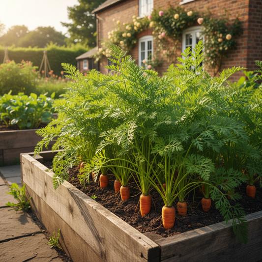 Lush green feathery carrot tops growing in rows in a raised bed with orange carrot roots visible at soil level in natural sunlight