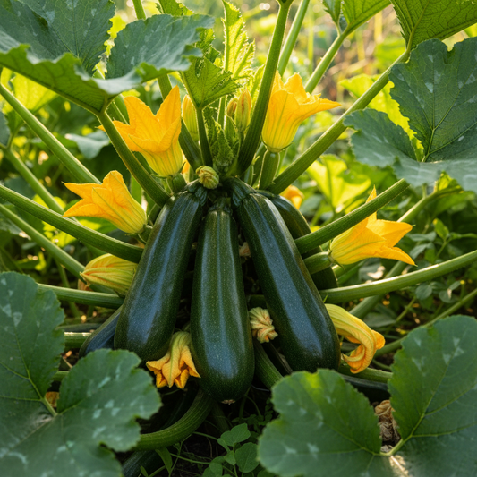 Black Beauty zucchini growing on lush green plant with yellow flowers