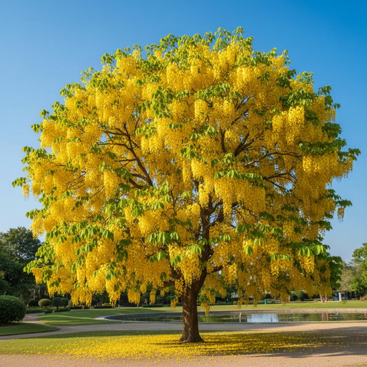 Majestic Golden Shower Tree Cassia Fistula in full bloom with cascading golden yellow flower clusters
