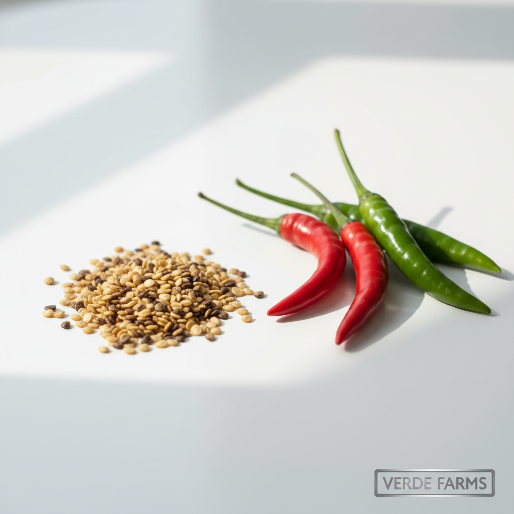 Hybrid chilli seeds with red and green chillies on a clean white surface