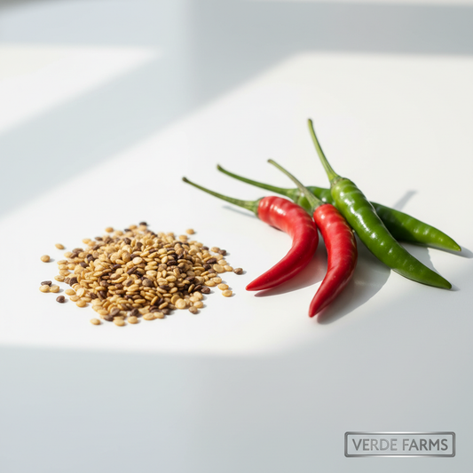 Hybrid chilli seeds with red and green chillies on a clean white surface