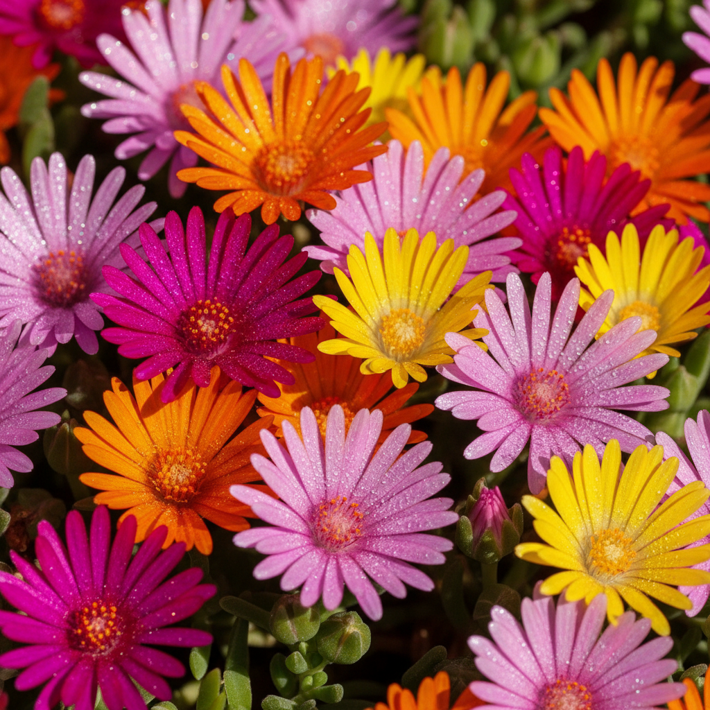 Ice Plant Mesembryanthemum Mixed Color Flowers Close-up