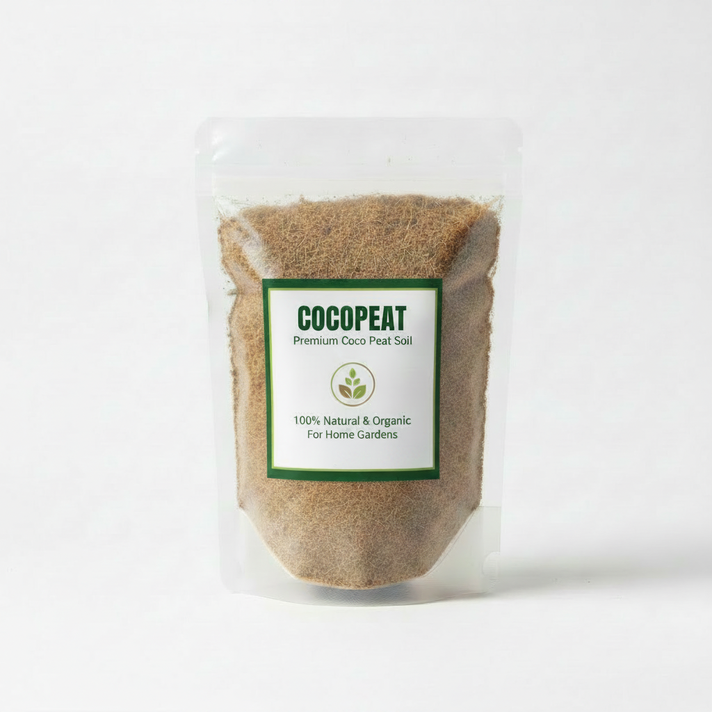 Light brown fluffy cocopeat coir pith in transparent resealable pouch
