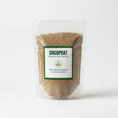 Light brown fluffy cocopeat coir pith in transparent resealable pouch
