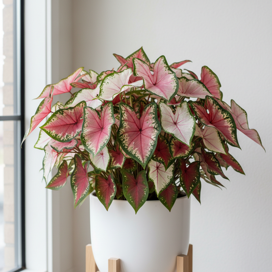 Caladium plant with large vibrant heart-shaped leaves in pink, red, white and green