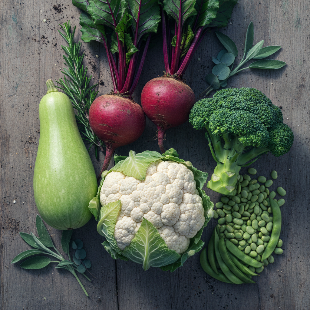 Flat lay of 5 winter vegetables — cauliflower, beetroot, broccoli, lima flat beans and bottle gourd on rustic wooden surface