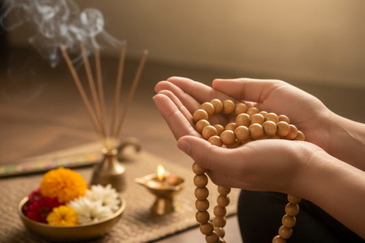 Polished Neem Japa Mala held in hands during meditation with warm golden light