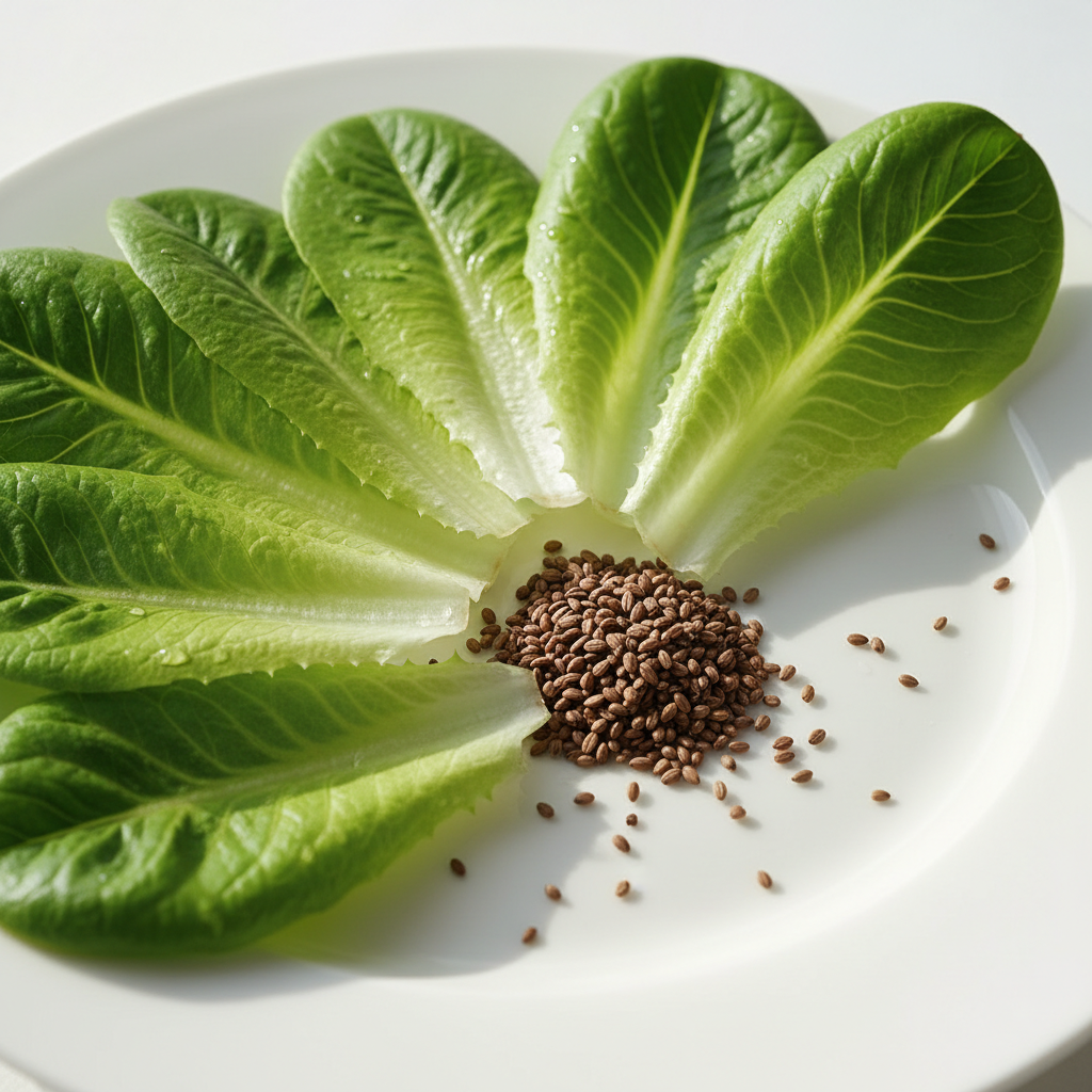 Fresh lettuce leaves and lettuce seeds arranged on a clean white surface