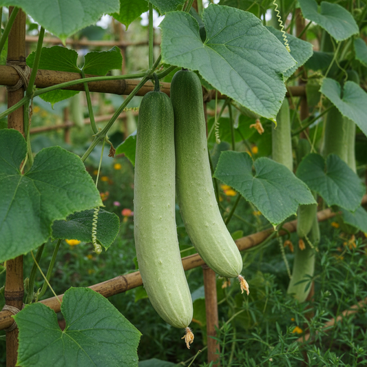 Kakri Indian cucumber long pale green fruits hanging on a vine with broad green leaves