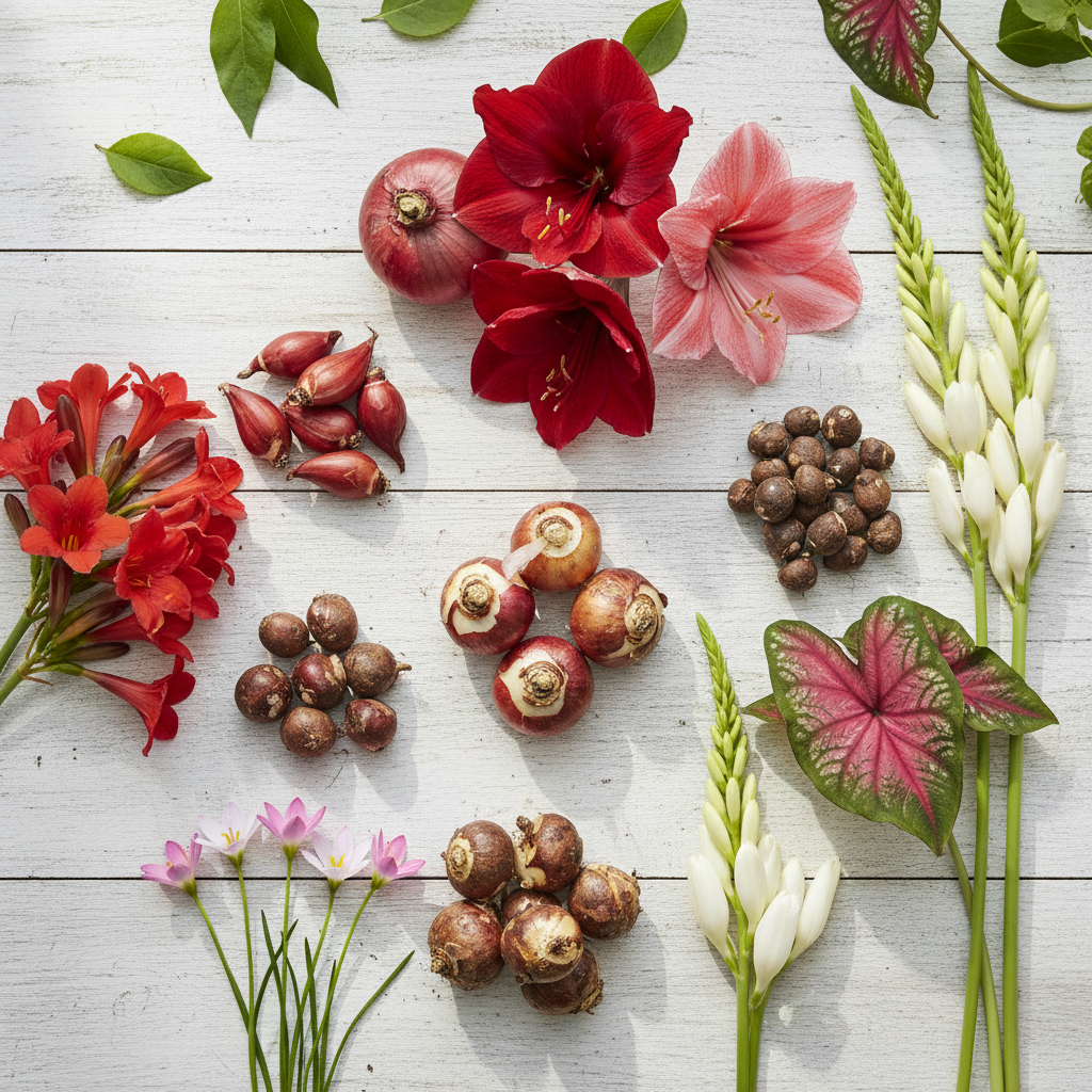 Summer flower bulbs combo - Football Lily, Amaryllis, Rain Lily, Caladium and Tuberose