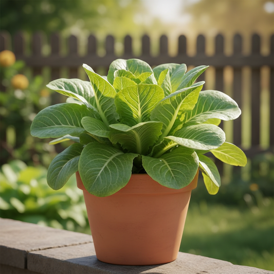 Fresh lettuce plant with vibrant green crispy leaves growing in a pot in a natural garden setting