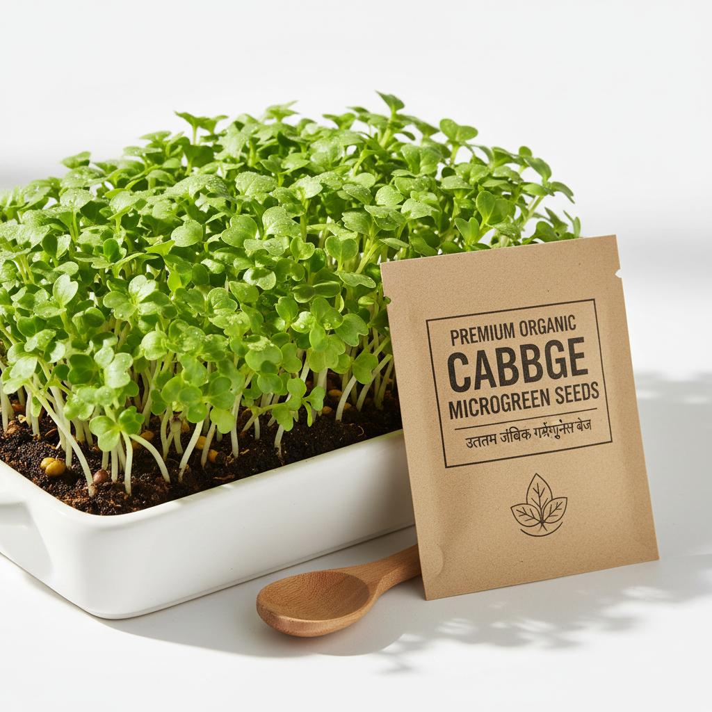 Cabbage Microgreen Seeds growing in a tray - fresh green shoots