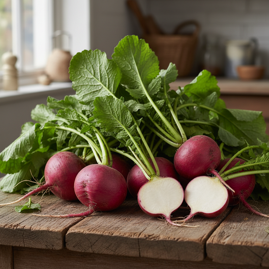 Freshly harvested Red Ball shalgam turnip with deep red-purple roots and green leafy tops on rustic wooden surface