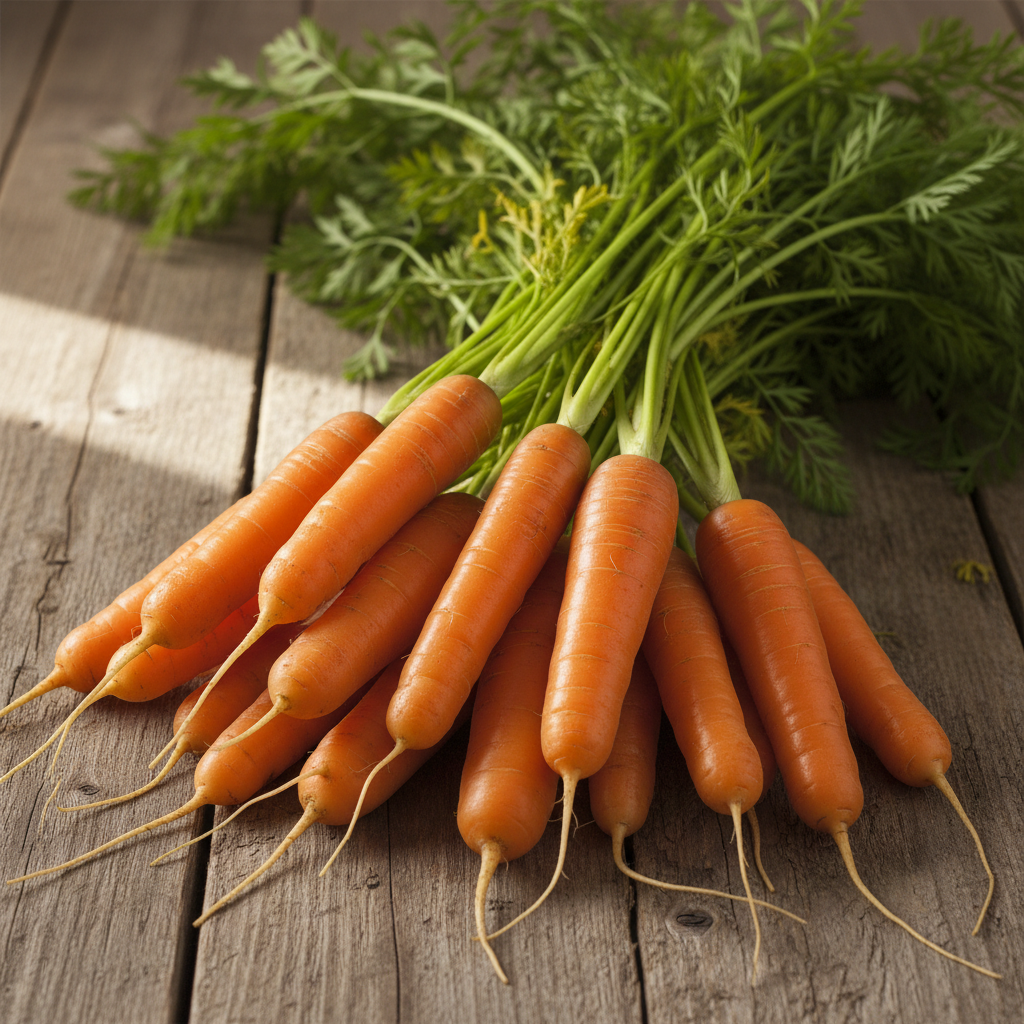 Fresh bright orange cylindrical Nantes carrots with blunt tips and green feathery tops on rustic wooden surface