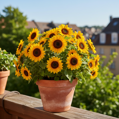 Single Miniature Sunflower Plant in Bloom in Terracotta Pot