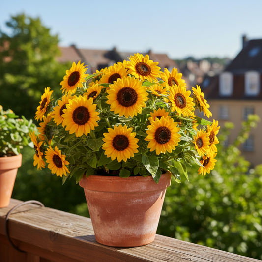 Single Miniature Sunflower Plant in Bloom in Terracotta Pot