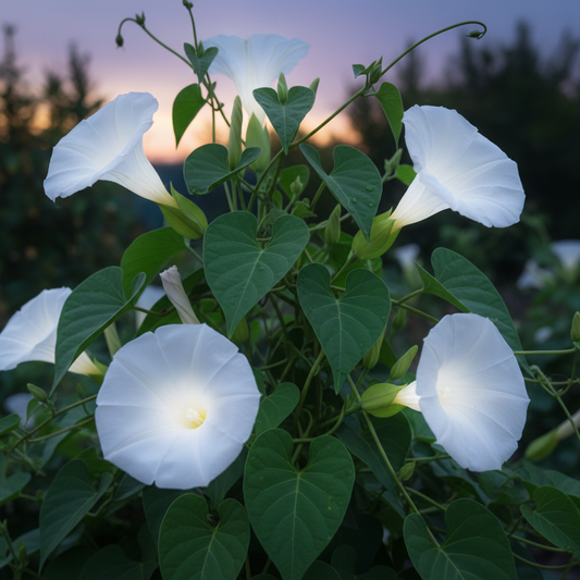 Moonflower Ipomoea Alba large pure white trumpet-shaped blooms glowing in evening light