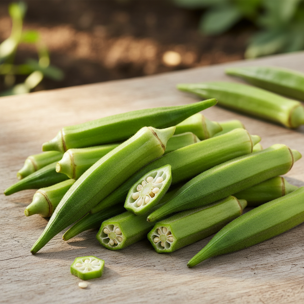 Fresh Bhindi Okra Lady Finger pods on wooden surface