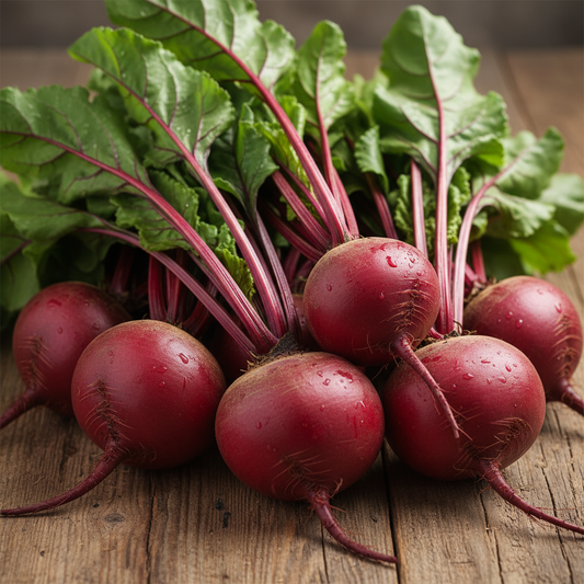 Deep red purple round organic beetroot chukandar bulbs with green leafy tops on rustic wooden surface in natural sunlight