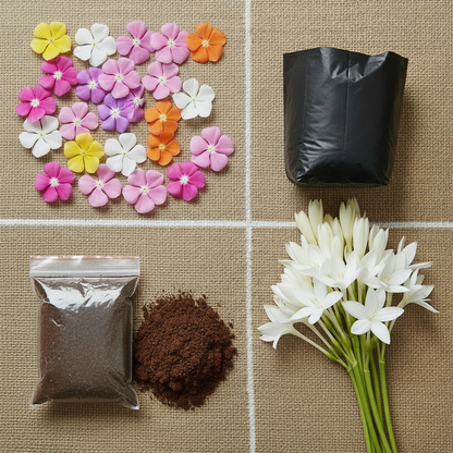 Home Gardening Combo – Vinca Seeds, Tuberose Bulb, Nursery Bag & Coco Peat