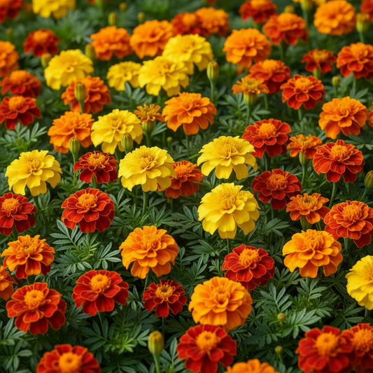 Vibrant Marigold Jafri mixed colors flowers blooming in orange, yellow and red in a garden