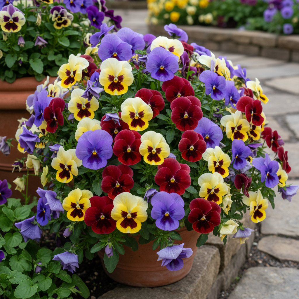 Pansy Viola Mixed Hybrid Plant in Full Bloom in Garden Pot