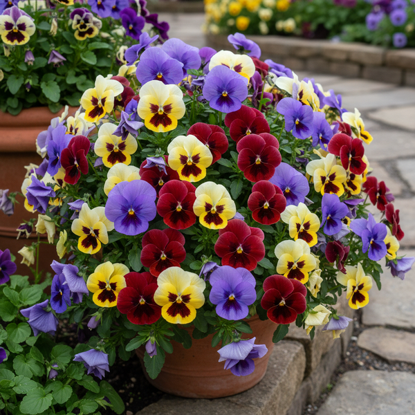 Pansy Viola Mixed Hybrid Plant in Full Bloom in Garden Pot