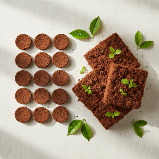 Flat lay of compact cocopeat coins alongside expanded fluffy blocks with sprouting seedlings on light background